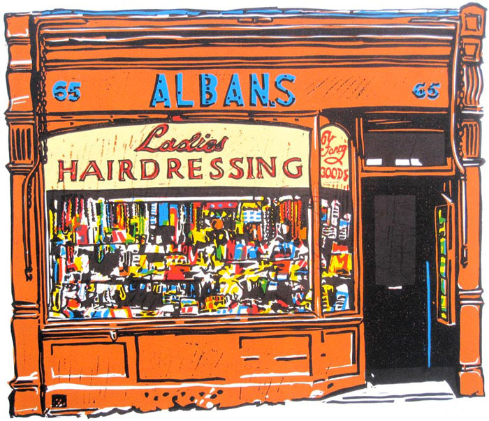 London shopfront linocut