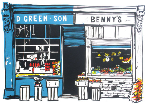 London shopfront linocut