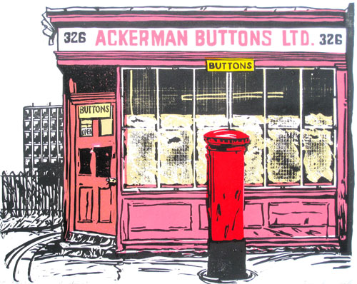 London shopfront linocut