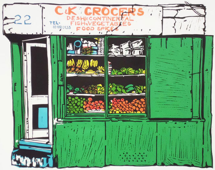 London shopfront linocut